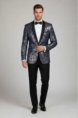 STZ63 - Blazer smoking homme en velours bleu et or à motif cachemire floral bleu et or