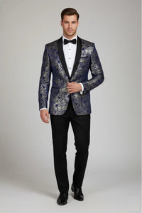STZ63 - Blazer smoking homme en velours bleu et or à motif cachemire floral bleu et or