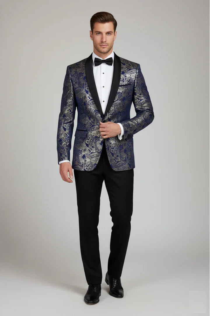 STZ63 - Blazer smoking homme en velours bleu et or à motif cachemire floral bleu et or