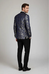STZ63 - Blazer smoking homme en velours bleu et or à motif cachemire floral bleu et or