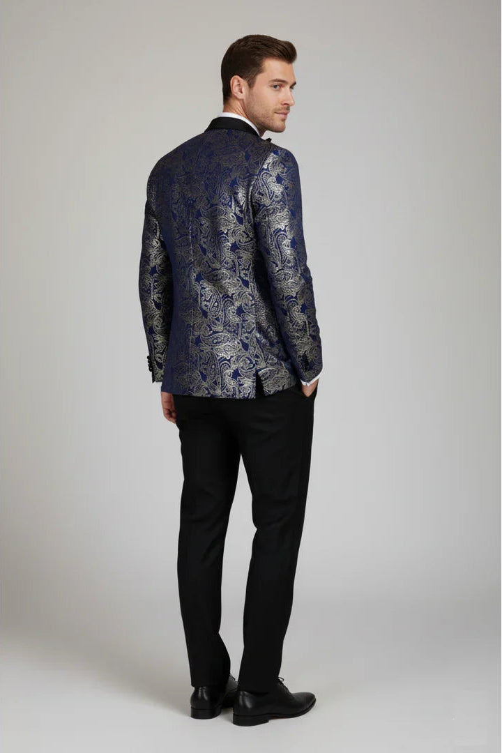 STZ63 - Blazer smoking homme en velours bleu et or à motif cachemire floral bleu et or