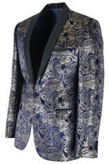 STZ63 - Blazer smoking homme en velours bleu et or à motif cachemire floral bleu et or