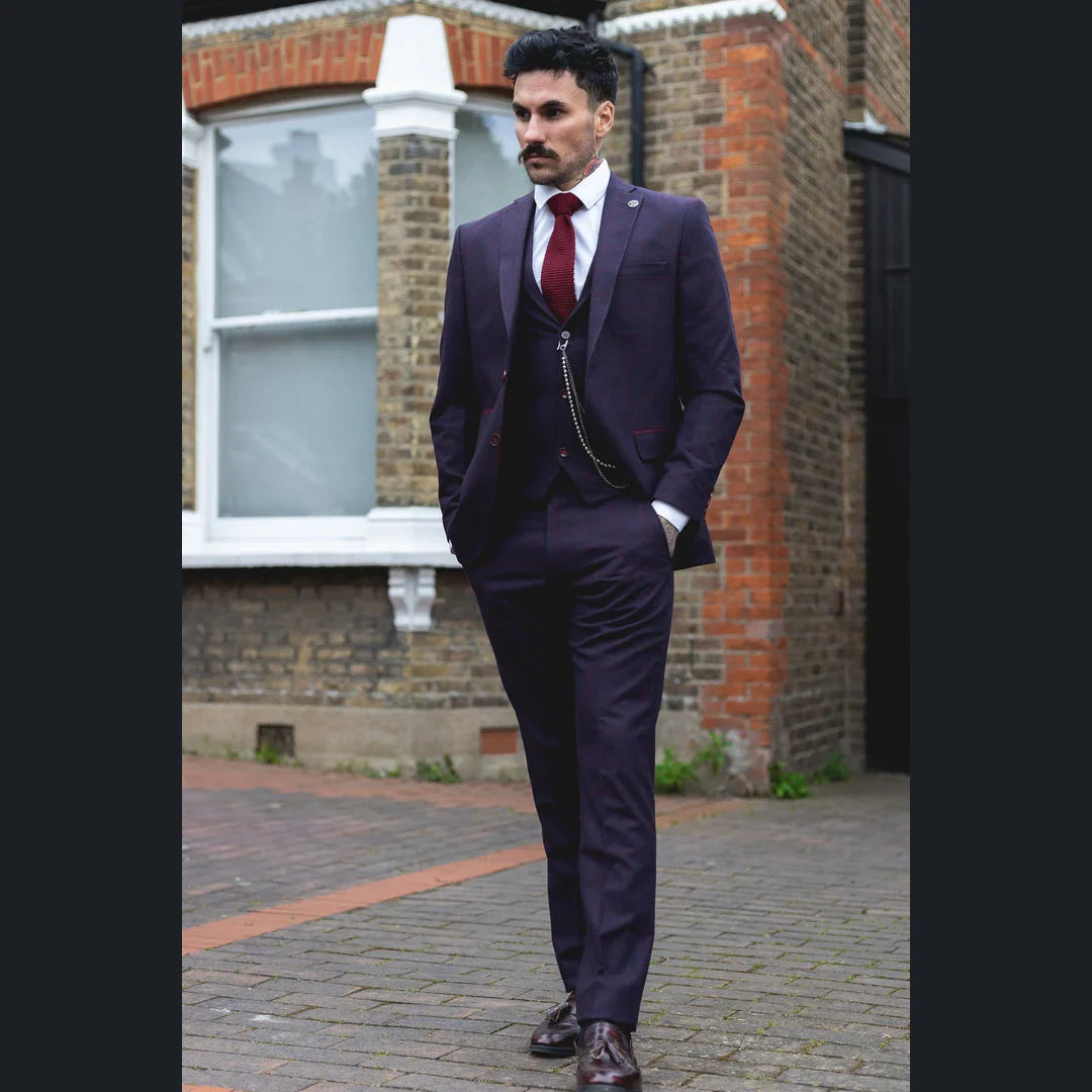 Costume trois pièces pour homme en tweed de laine à carreaux prune, style Gatsby des années 1920