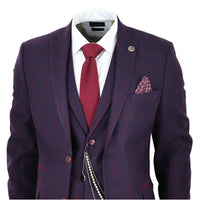 Men's 3 Piece Suit Wool Tweed Plum Wine Check 1920s Gatsby