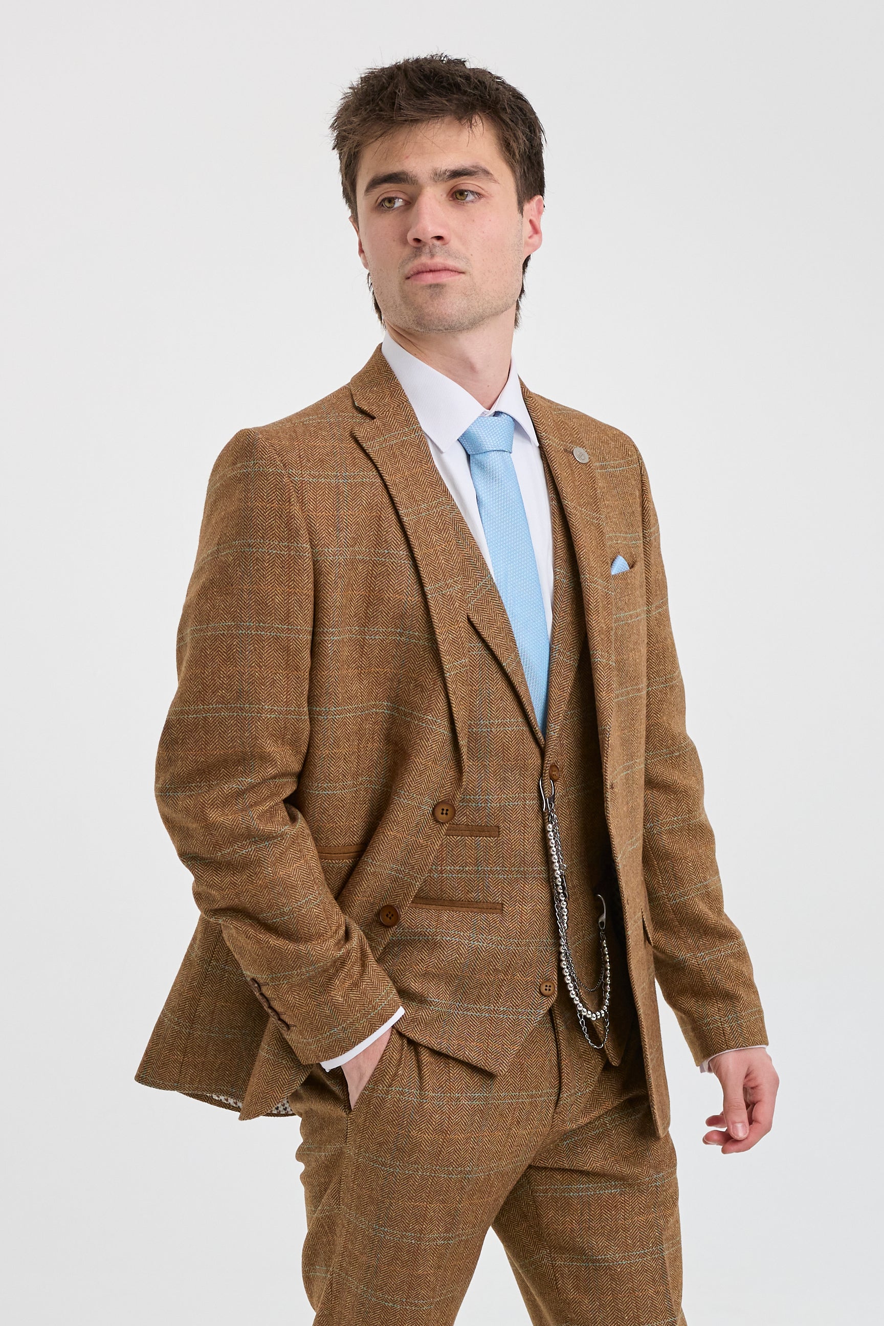Costume trois pièces pour homme en tweed de laine à chevrons, beige, marron et bleu, style Gatsby des années 1920