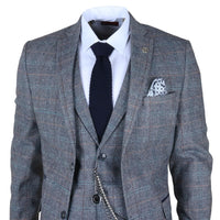 Costume trois pièces pour homme en tweed de laine à carreaux bleu clair et gris