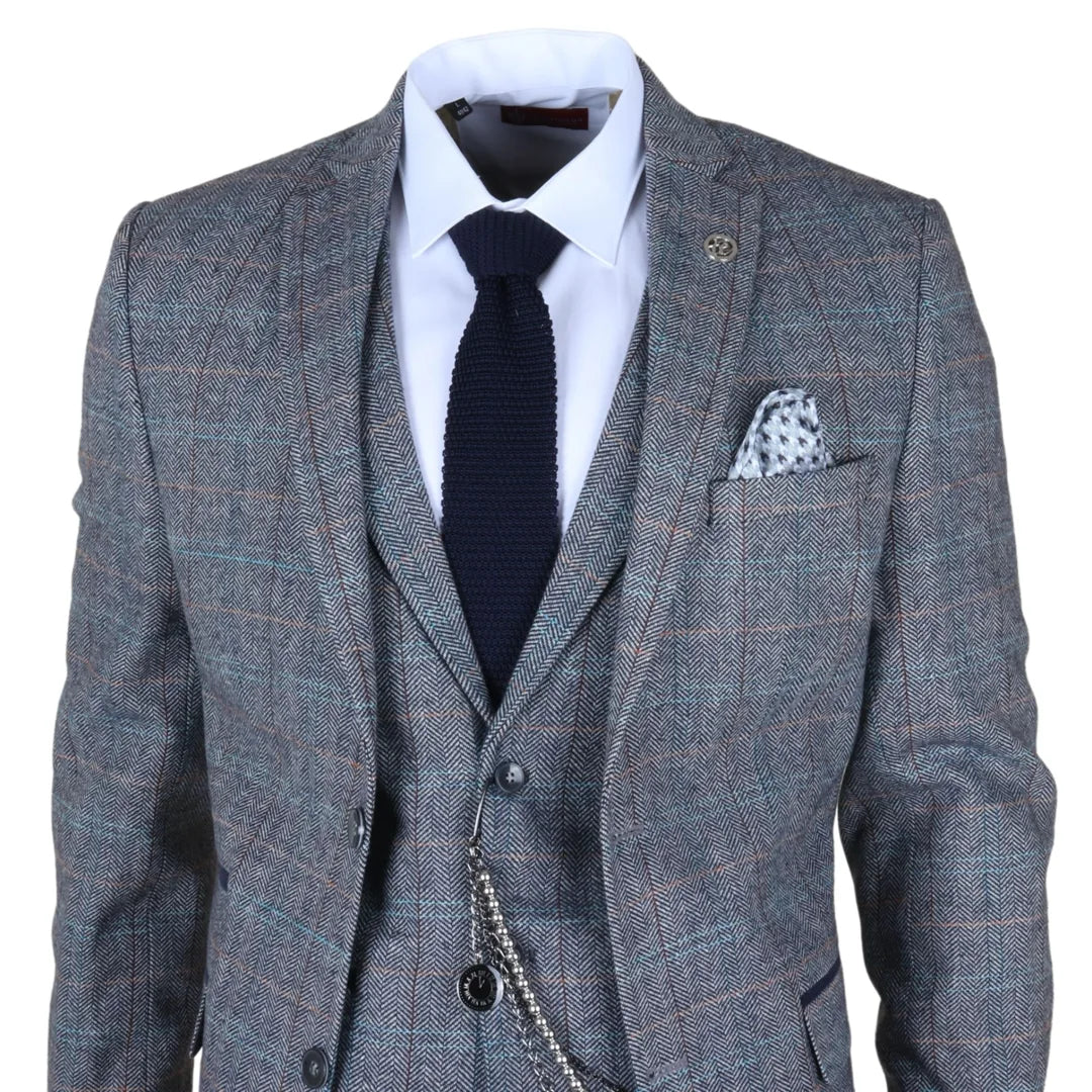 Costume trois pièces pour homme en tweed de laine à carreaux bleu clair et gris