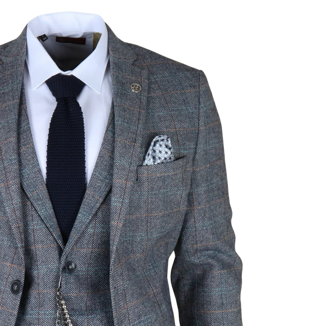 Costume trois pièces pour homme en tweed de laine à carreaux bleu clair et gris