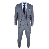 Costume trois pièces pour homme en tweed de laine à carreaux bleu clair et gris
