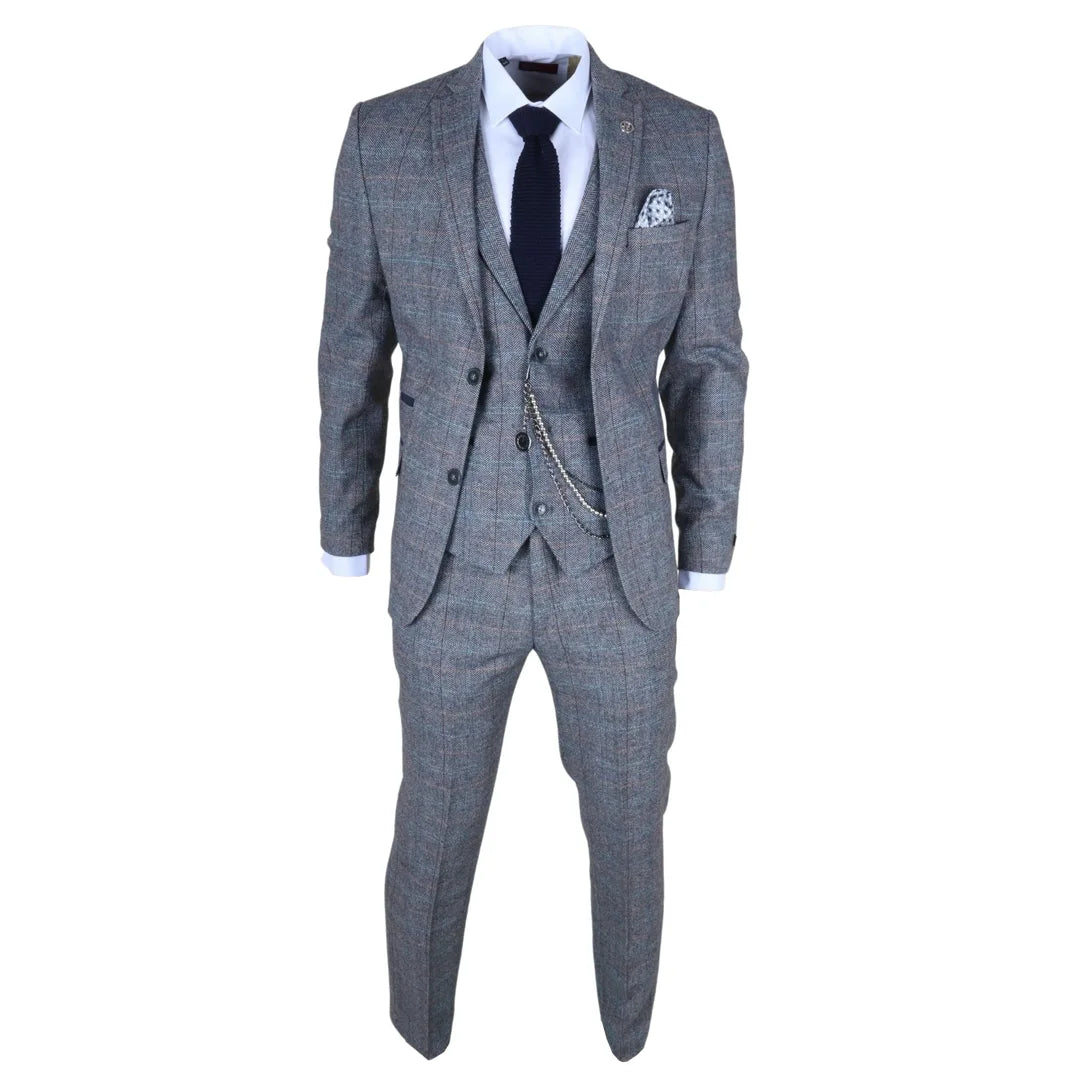 Costume trois pièces pour homme en tweed de laine à carreaux bleu clair et gris