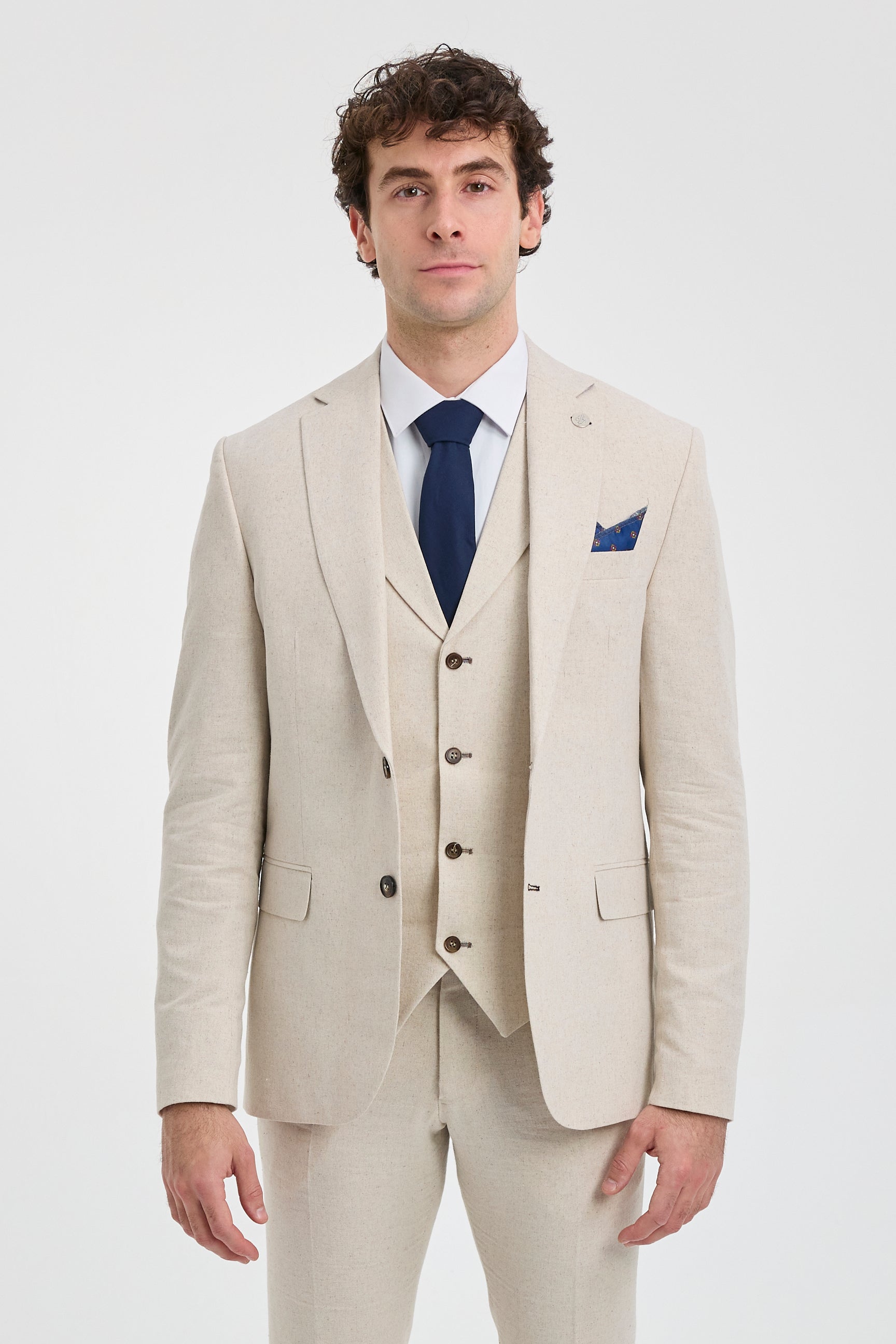 Costume de mariage d'été 3 pièces en lin beige pour homme TP-21