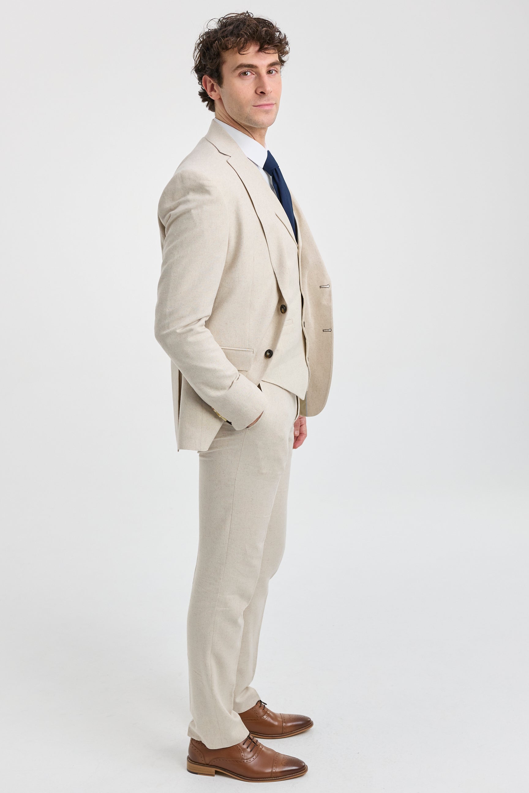 Costume de mariage d'été 3 pièces en lin beige pour homme TP-21