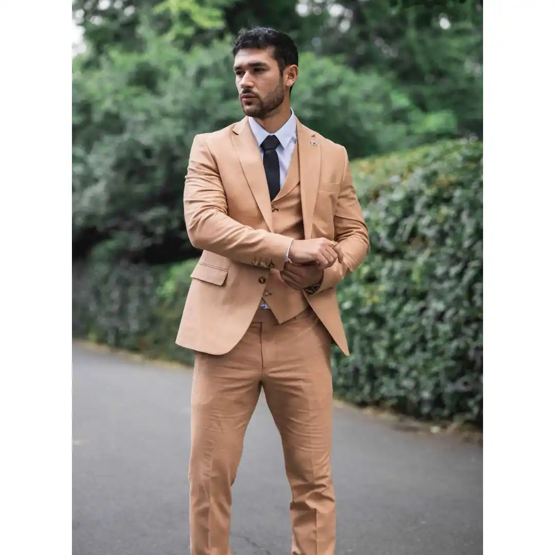 TP-23 - Costume de mariage d'été 3 pièces en lin camel pour homme