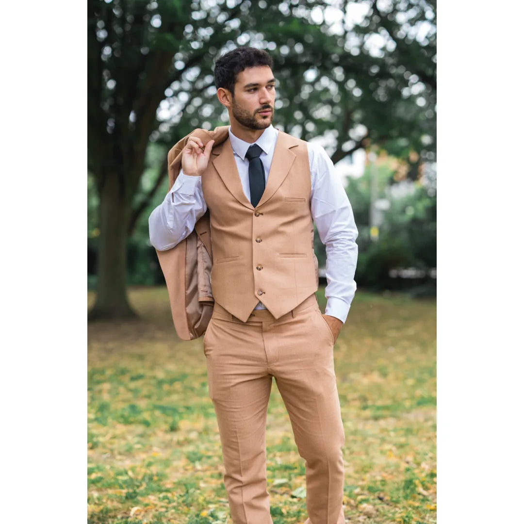 TP-23 - Costume de mariage d'été 3 pièces en lin camel pour homme