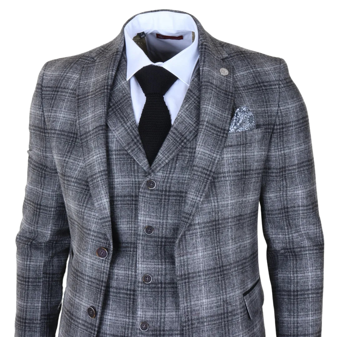 Costume trois pièces pour homme en tweed gris à carreaux