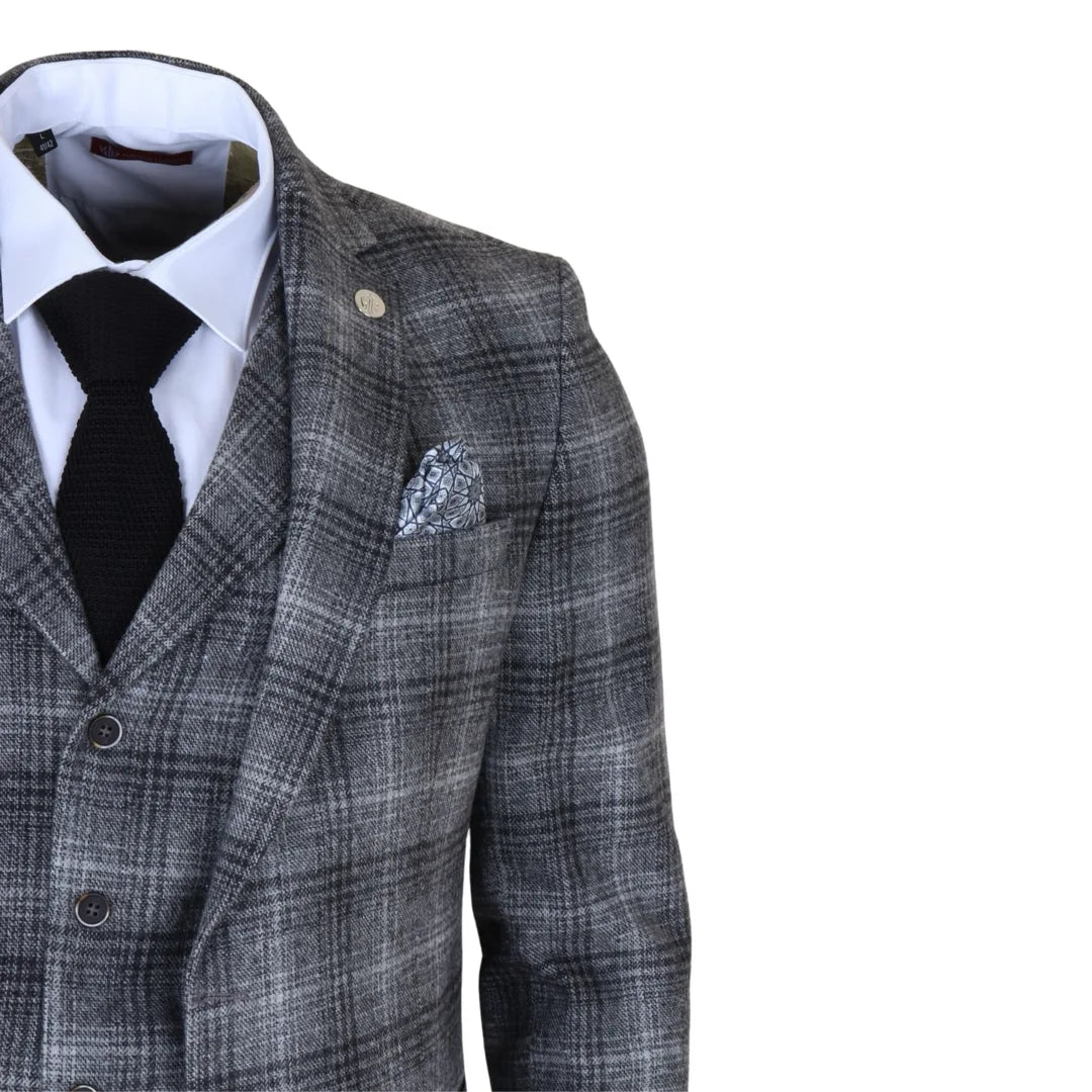Costume trois pièces pour homme en tweed gris à carreaux