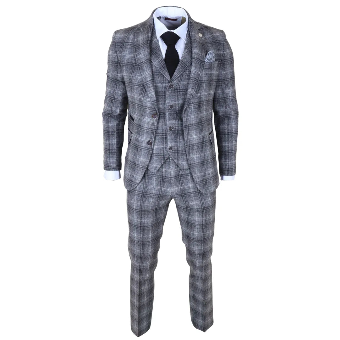 Costume trois pièces pour homme en tweed gris à carreaux