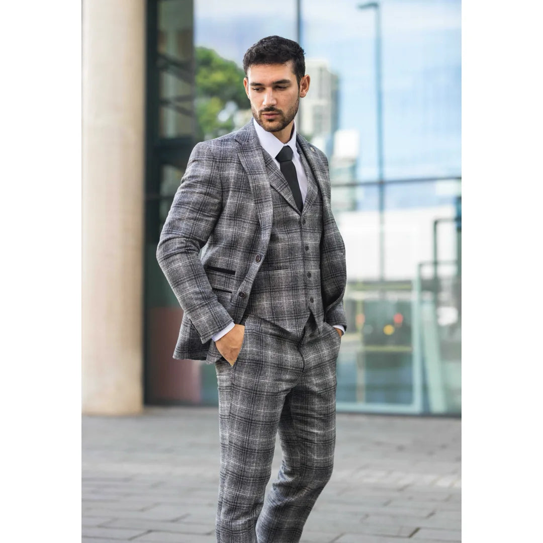 Costume trois pièces pour homme en tweed gris à carreaux