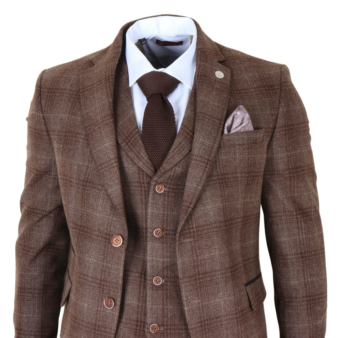 Costume trois pièces pour homme en tweed à carreaux marron