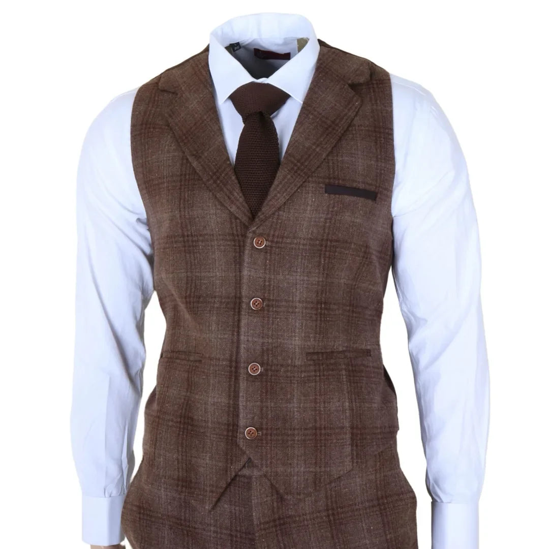 Costume trois pièces pour homme en tweed à carreaux marron