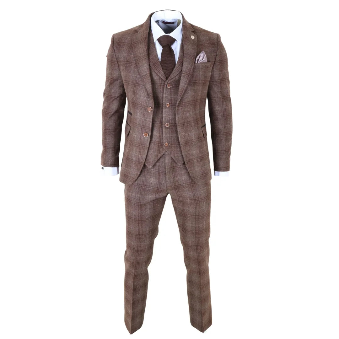 Costume trois pièces pour homme en tweed à carreaux marron
