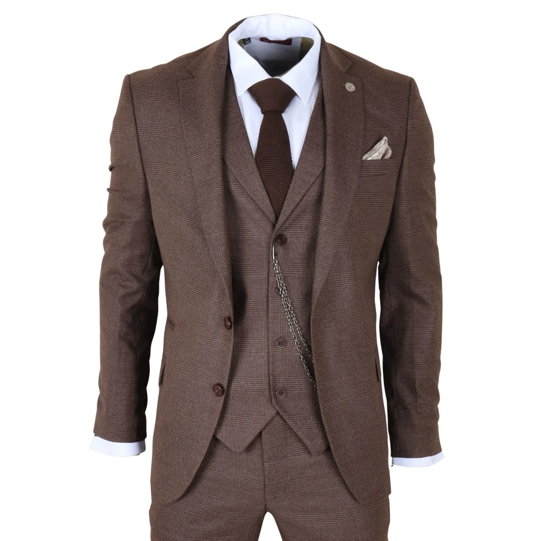 TP-50 - Costume trois pièces marron à carreaux Prince de Galles pour homme