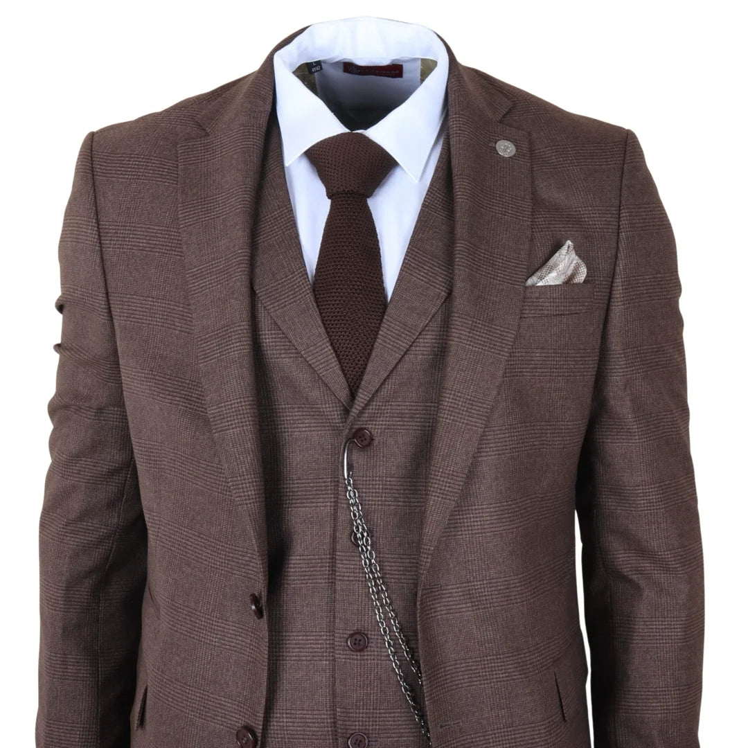 TP-50 - Costume trois pièces marron à carreaux Prince de Galles pour homme