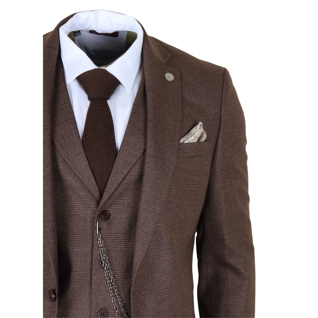 TP-50 - Costume trois pièces marron à carreaux Prince de Galles pour homme
