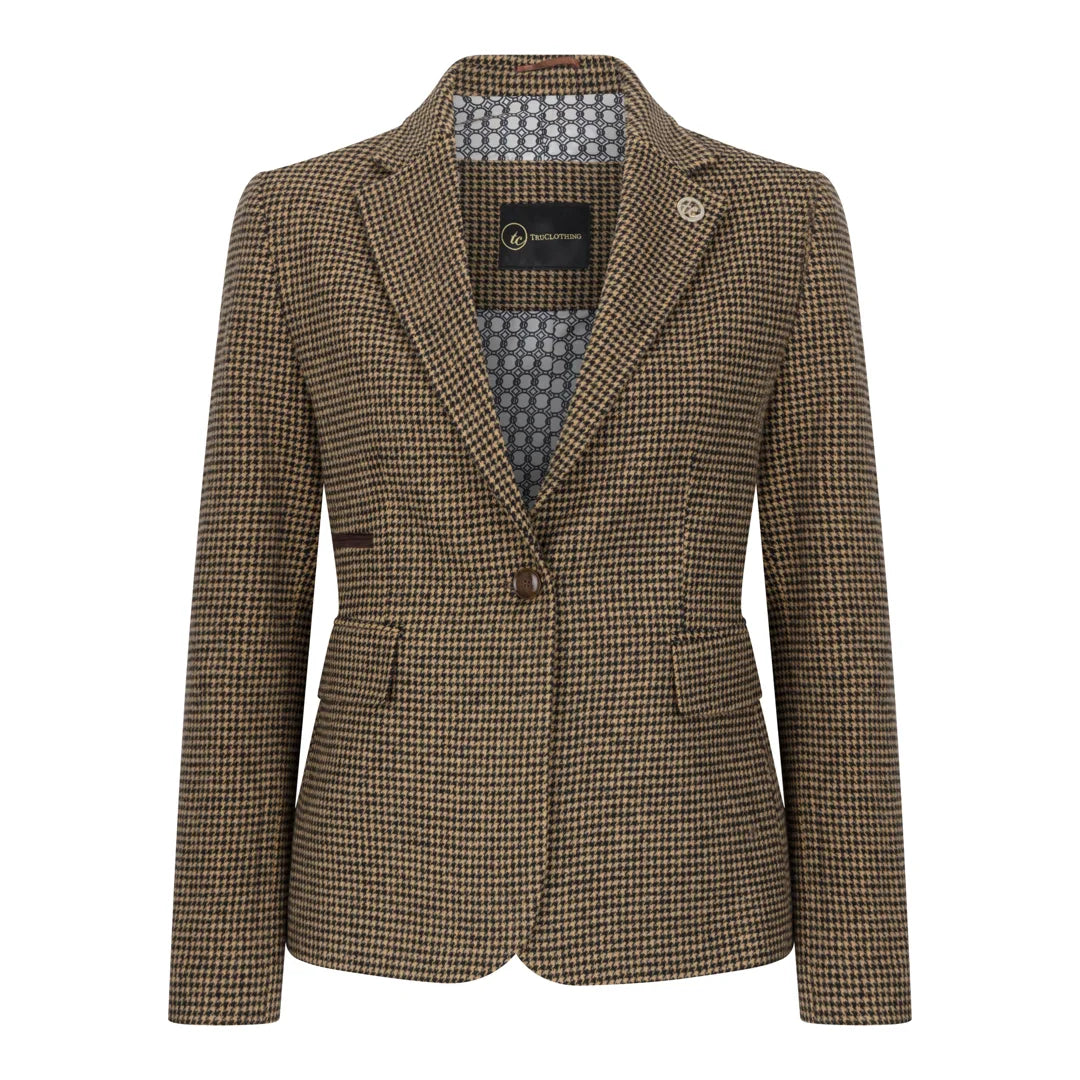 TPW-20 - Blazer en tweed pied-de-poule marron mélangé laine pour femme