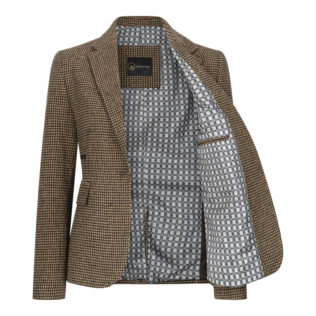 TPW-20 - Blazer en tweed pied-de-poule marron mélangé laine pour femme