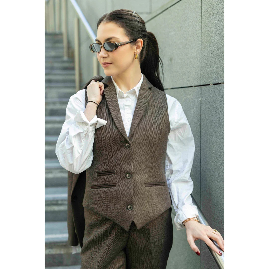 TPW-AK-06 - Ensemble trois pièces en tweed à chevrons marron pour femme