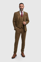 Thomas - Costume trois pièces pour homme en tweed de laine mélangée marron