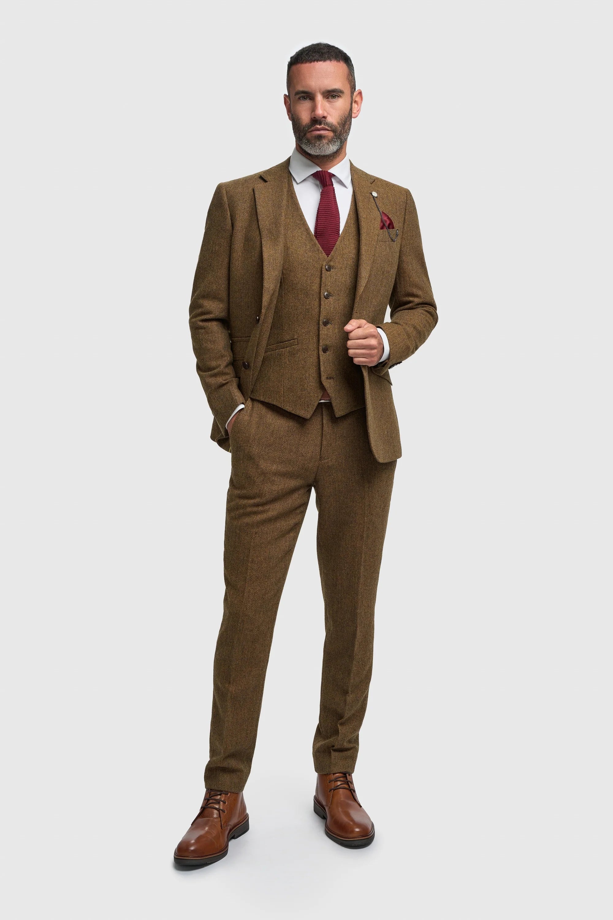 Thomas - Costume trois pièces pour homme en tweed de laine mélangée marron