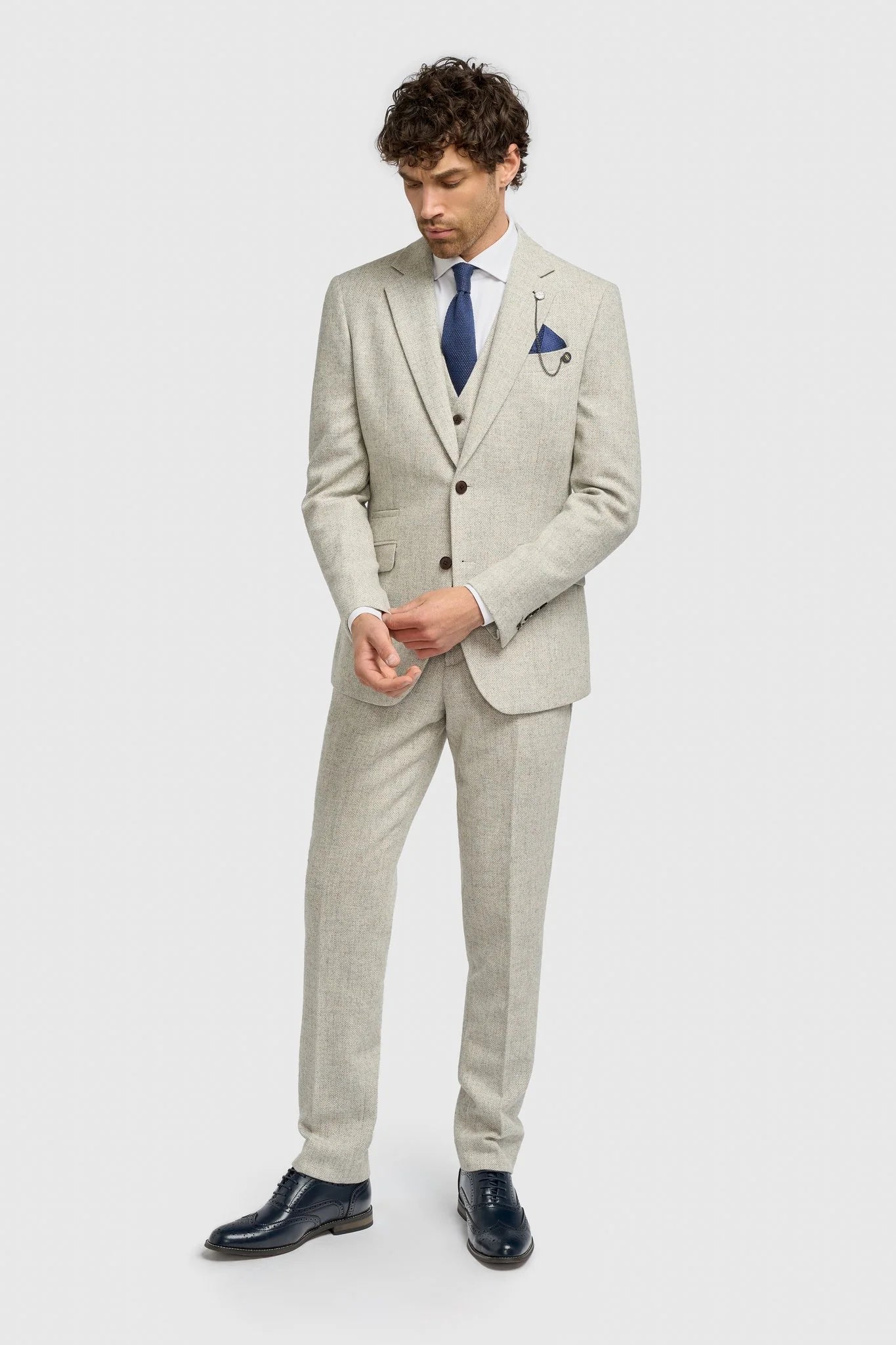 Thomas - Costume trois pièces en tweed gris mélangé laine pour homme