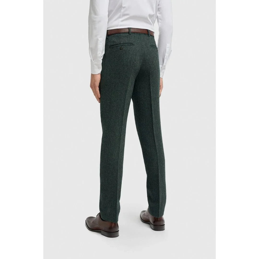 Pantalon Thomas pour homme en tweed à chevrons mélangé laine olive