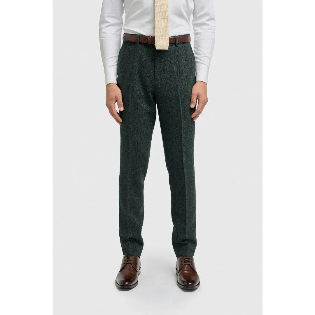 Pantalon Thomas pour homme en tweed à chevrons mélangé laine olive