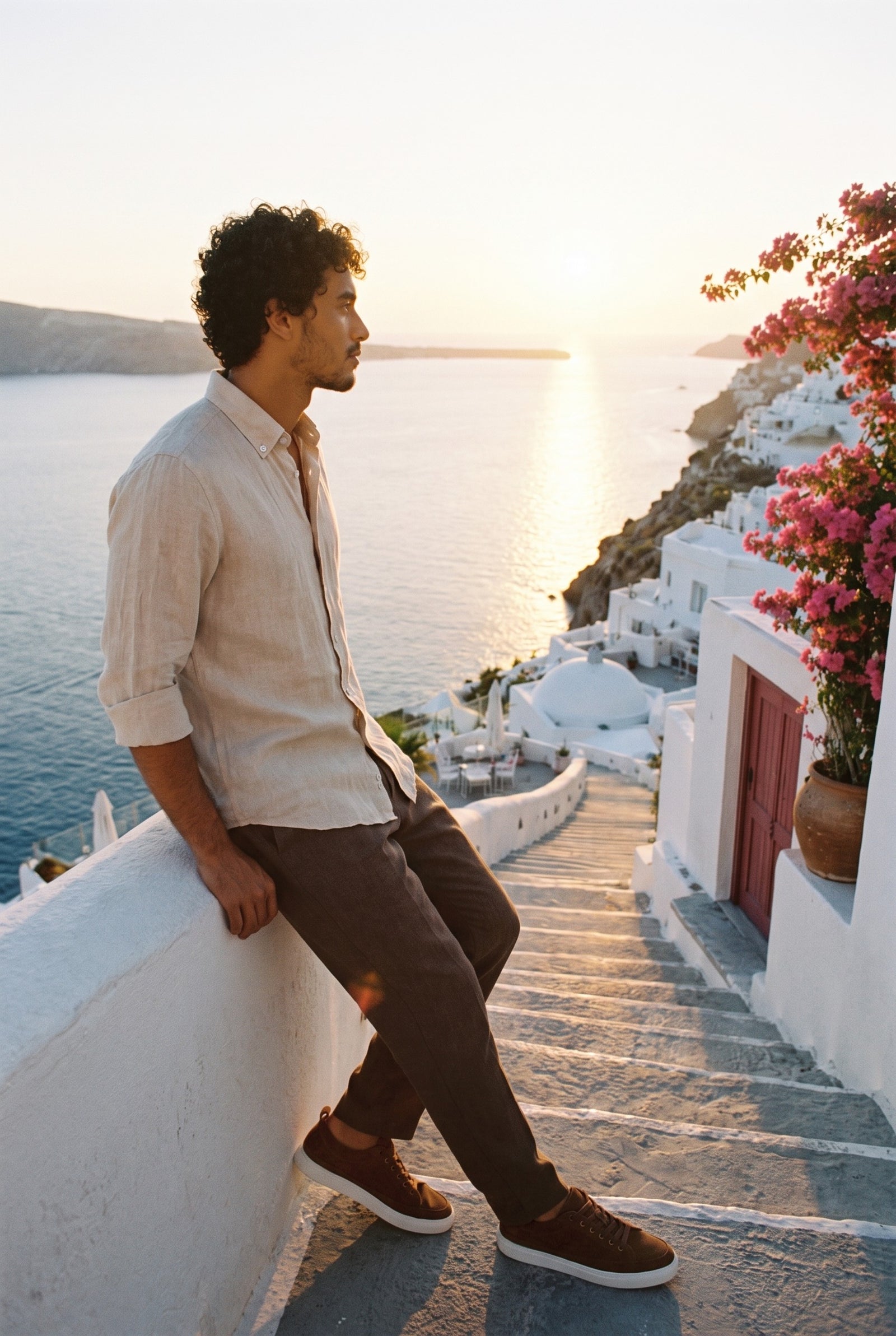 Look #874 styled with Pantalon homme marron 100 % lin, plissé, à cordon de serrage, coupe droite décontractée