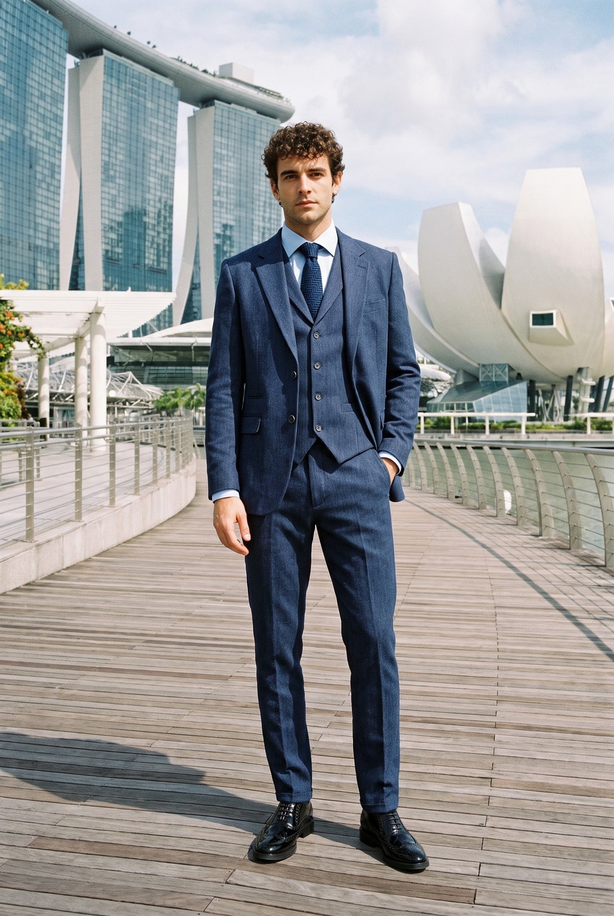 Look #989 styled with Costume trois pièces pour homme en tweed à chevrons bleu marine