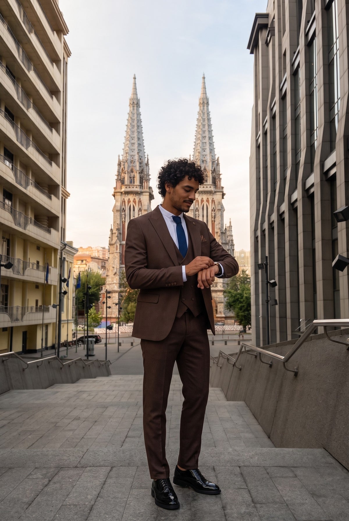 Look #305 styled with IM32 - Costume trois pièces marron foncé uni pour homme