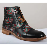 Adam - Men's Black Floral Skull Print Leather Oxford Boots