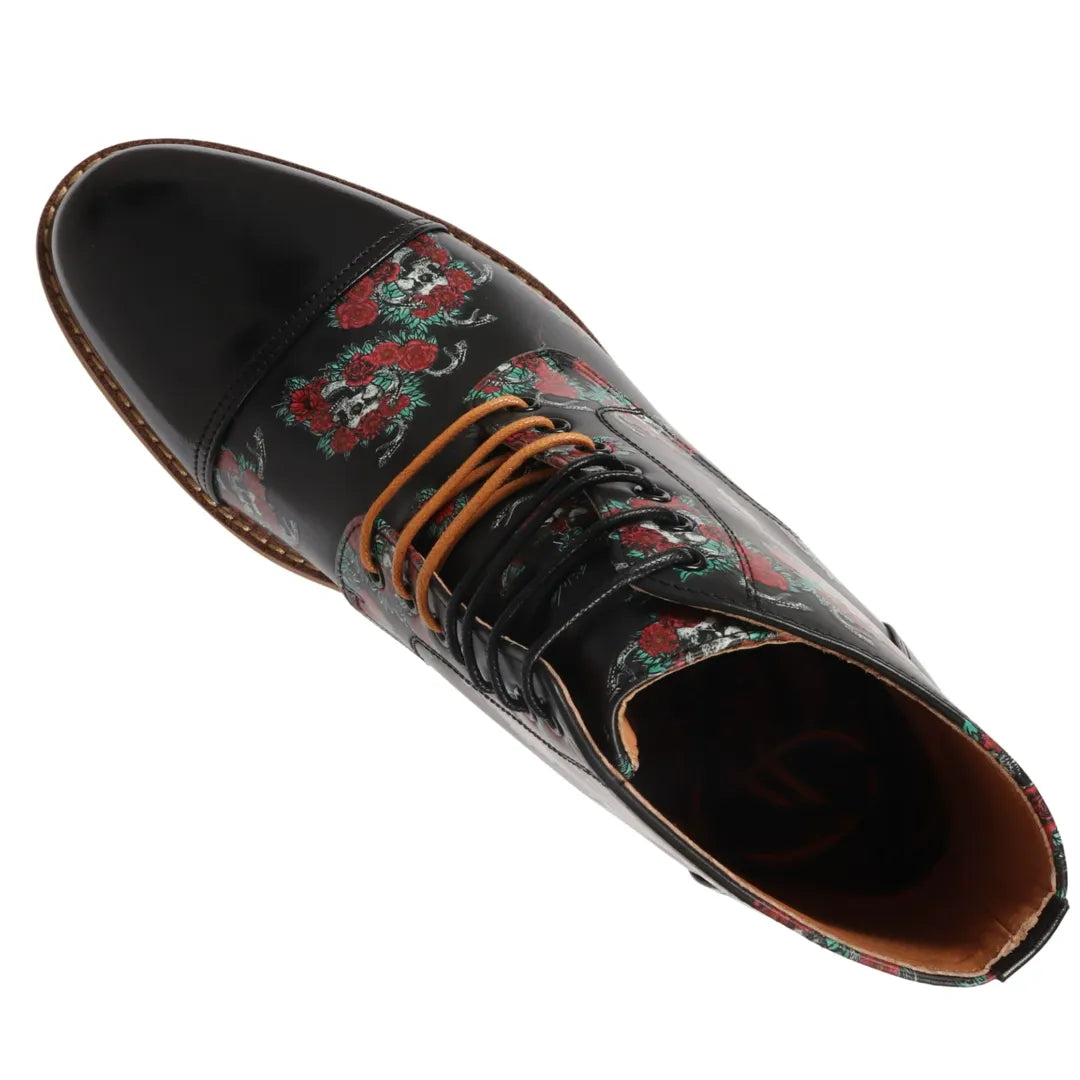 Adam - Men's Black Floral Skull Print Leather Oxford Boots