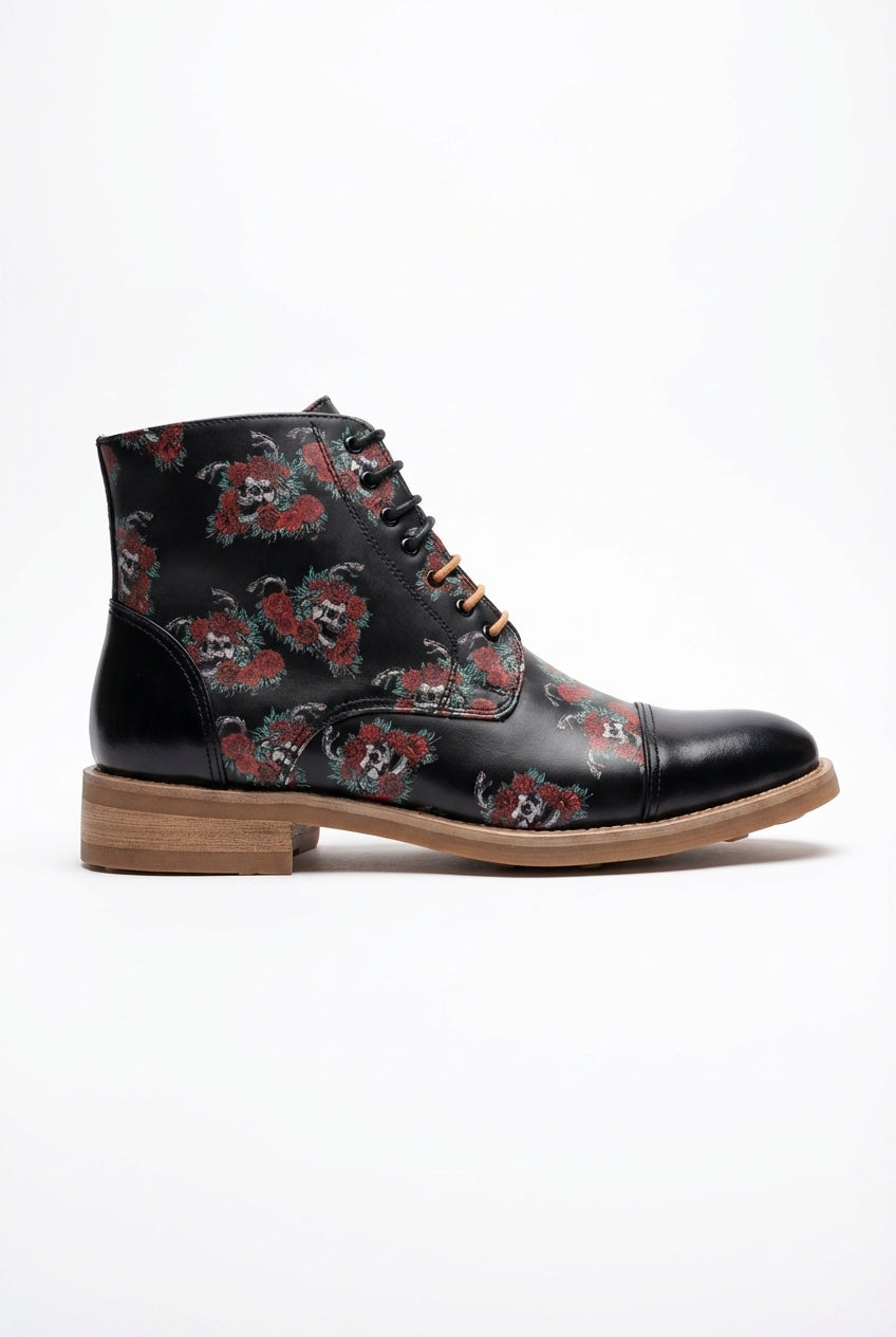 Bottes Oxford Adam pour homme, en cuir noir à imprimé floral et tête de mort