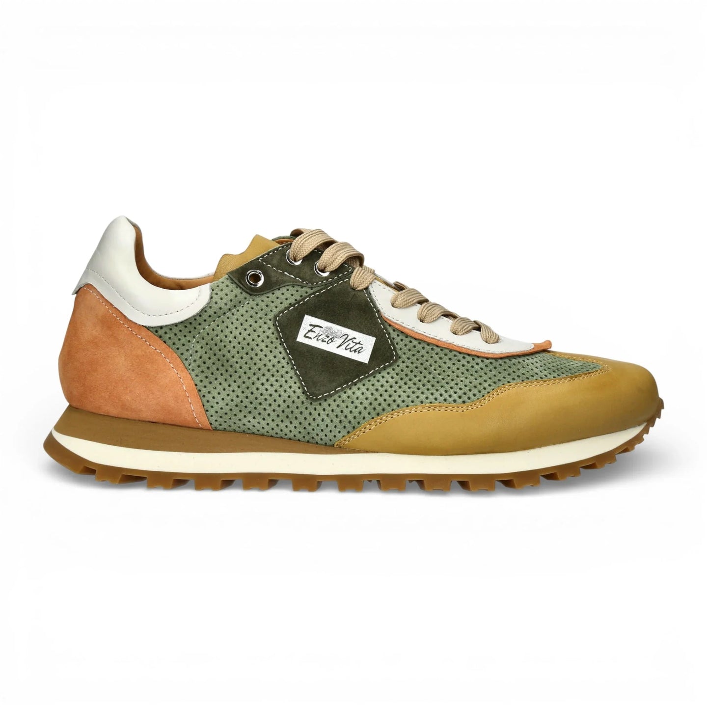 Baskets Aglae 02 pour homme, en cuir vert et beige.
