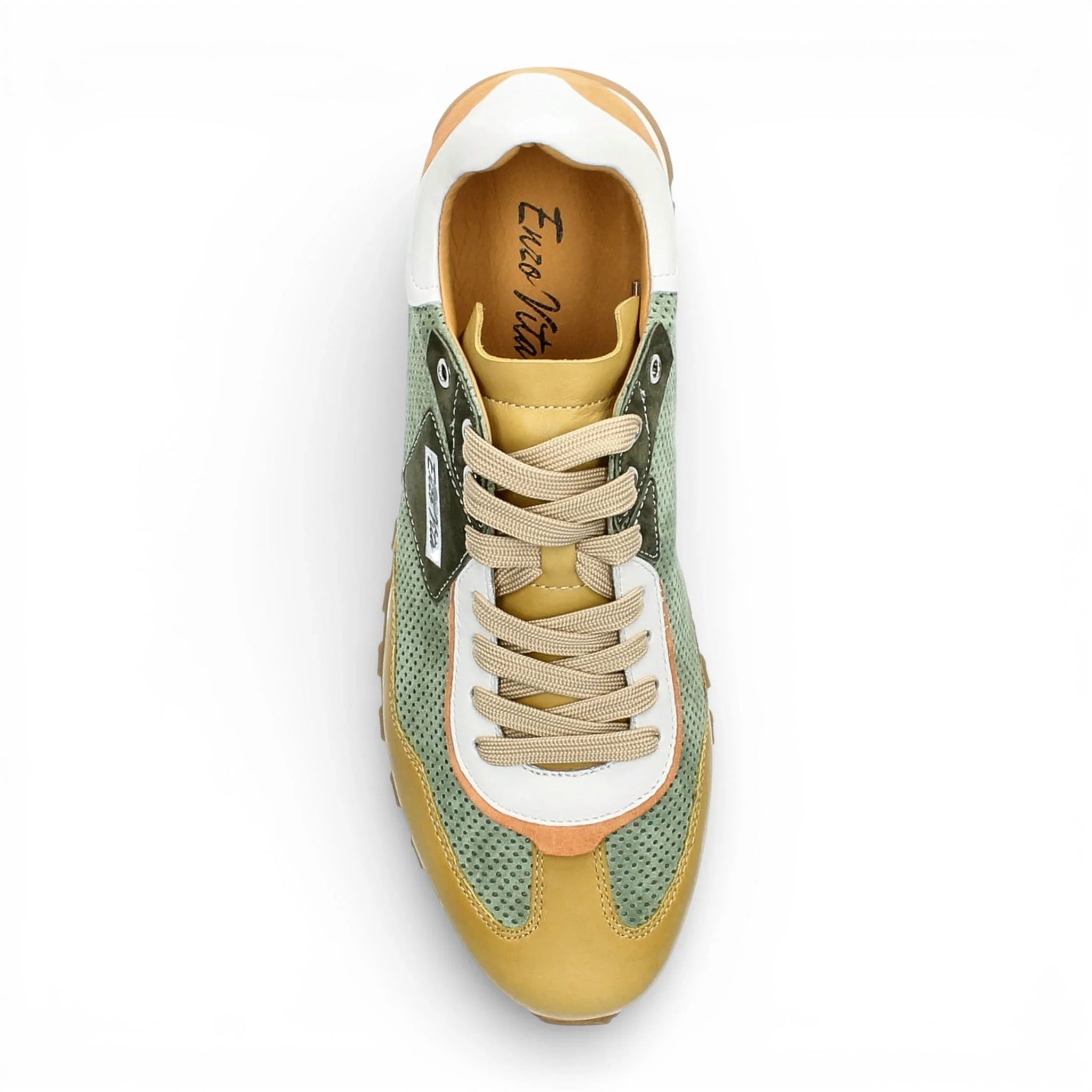 Baskets Aglae 02 pour homme, en cuir vert et beige.