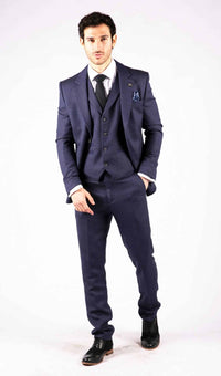 Men's Navy-Blue Herringbone Tweed 3 Piece Suit