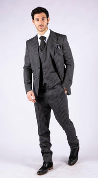 Men's Grey Pinstripe Herringbone Tweed 3 Piece Suit