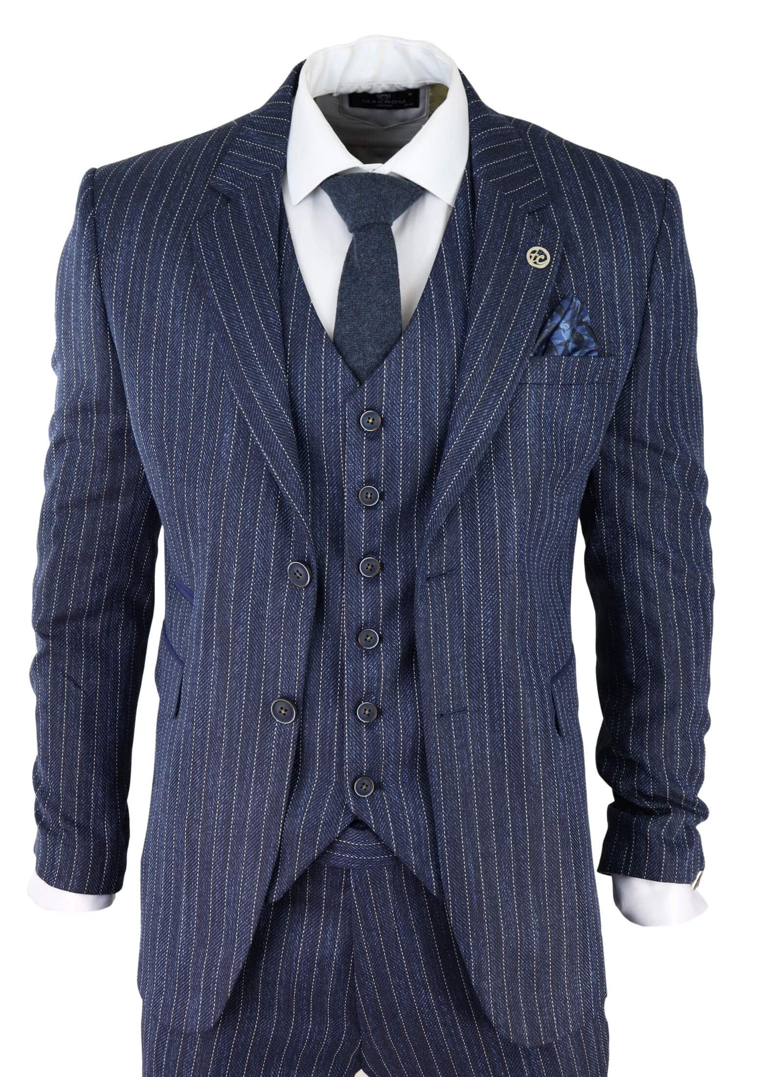 Men's Blue Pinstripe Herringbone Tweed 3 Piece Suit