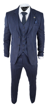 Men's Blue Pinstripe Herringbone Tweed 3 Piece Suit