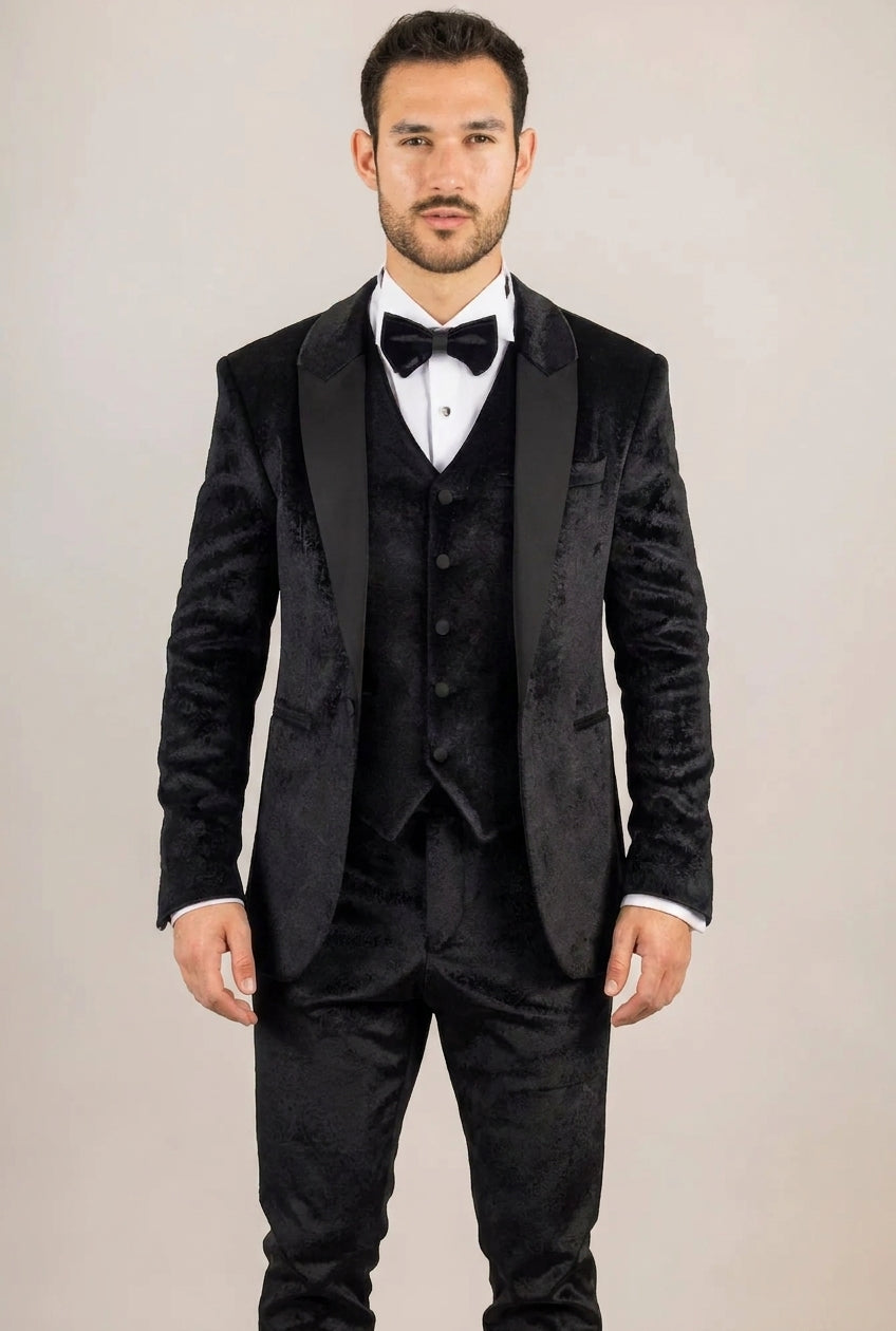 Smoking de mariage 3 pièces en velours noir pour homme AK-26 avec revers en satin