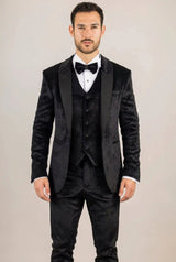 Smoking de mariage 3 pièces en velours noir pour homme AK-26 avec revers en satin